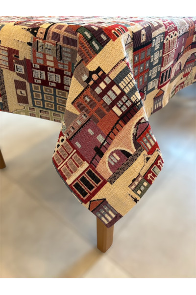 obrus kamieniczki, obrus na stół , obrus kwadratowy, obrus dekoracyjny, obrus beżowy, obrus kolorowy